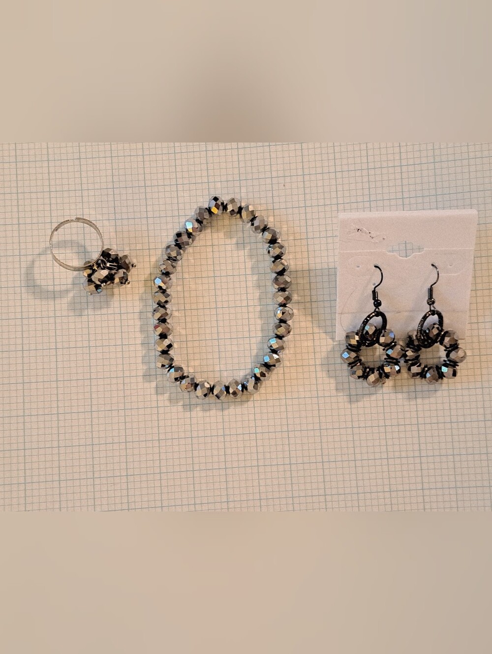Set Of Faceted Silver Mirror Bead Bracelet, Adjustable Ring & Dangle Earrings